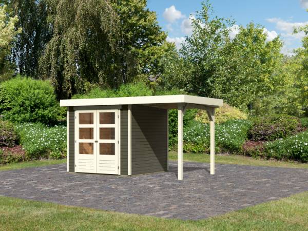Karibu Gartenhaus Askola 2 terragrau mit Anbaudach 1,50 Meter