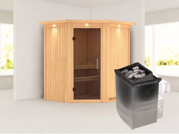 Karibu Sauna Taurin inkl. 9 kW Ofen integr. Steuerung, mit moderner Saunatür - mit Dachkranz -