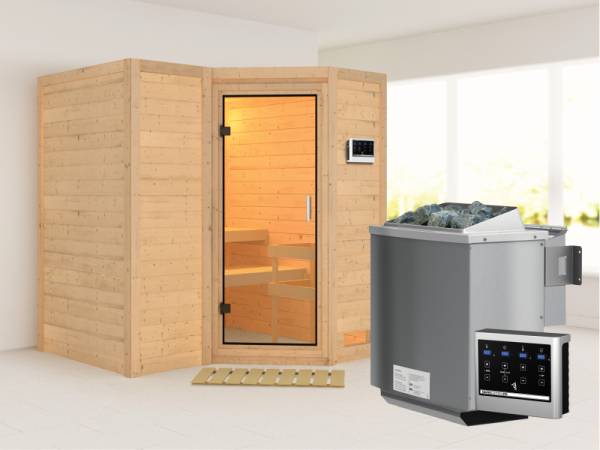 Karibu Sauna Sahib 1 inkl. 9 kW Bio Ofen mit ext. Steuerung, ohne Dachkranz, mit Klarglas Ganzglastür