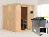 Karibu Sauna Sodin inkl. 9 kW Ofen ext. Steuerung mit moderner Saunatür - mit Dachkranz -