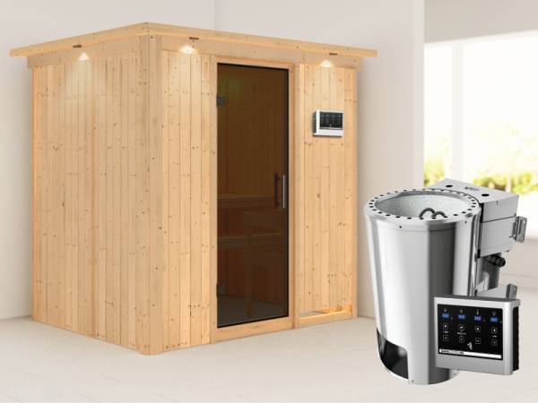 Fanja - Karibu Sauna Plug &amp; Play 3,6 kW Bio Ofen, ext. Steuerung - mit Dachkranz - Moderne Saunatür