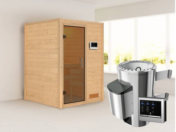 Nadja - Karibu Sauna Plug &amp; Play 3,6 kW Ofen, ext. Steuerung - ohne Dachkranz - Moderne Saunatür