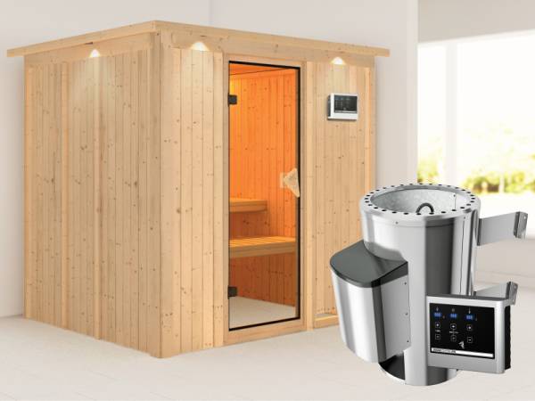 Daria - Karibu Sauna Plug & Play inkl. 3,6 kW-Ofen - mit Dachkranz -