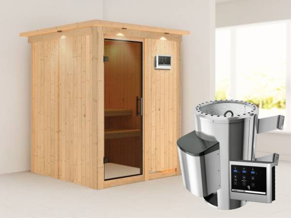 Minja - Karibu Sauna Plug & Play 3,6 kW Ofen, ext. Steuerung - mit Dachkranz - moderne Saunatür