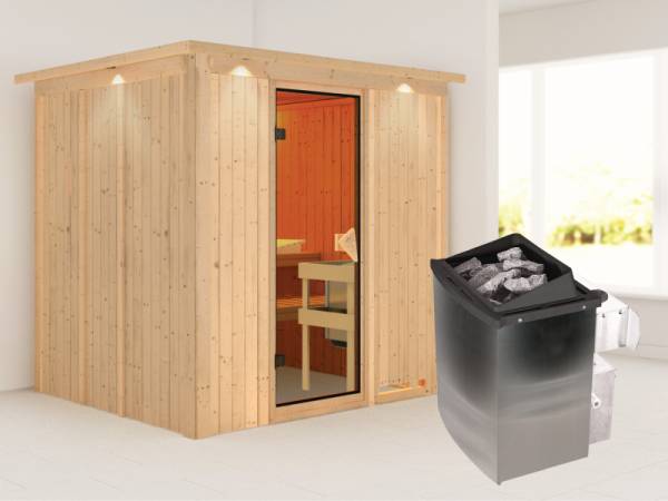 Karibu Sauna Sodin 68 mm- klassische Saunatür- 4,5 kW Ofen integr. Strg- mit Dachkranz