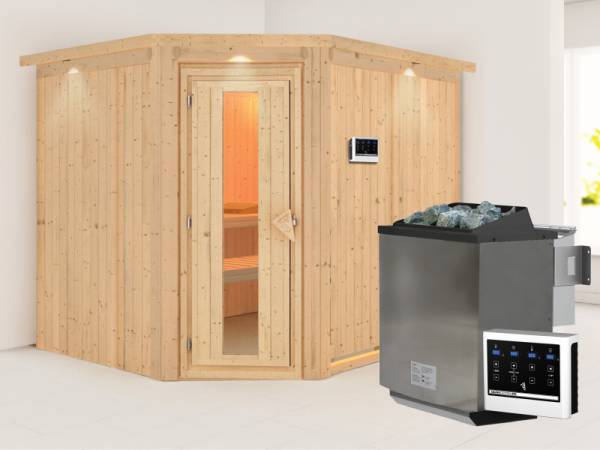 Karibu Sauna Malin inkl. 9-kW-Bioofen mit externer Steuerung, mit Dachkranz, mit energiesparender Saunatür