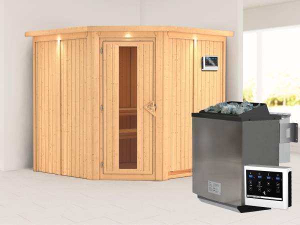 Karibu Sauna Jarin inkl. 9-kW-Bioofen mit externer Steuerung, mit Dachkranz, mit energiesparender Saunatür