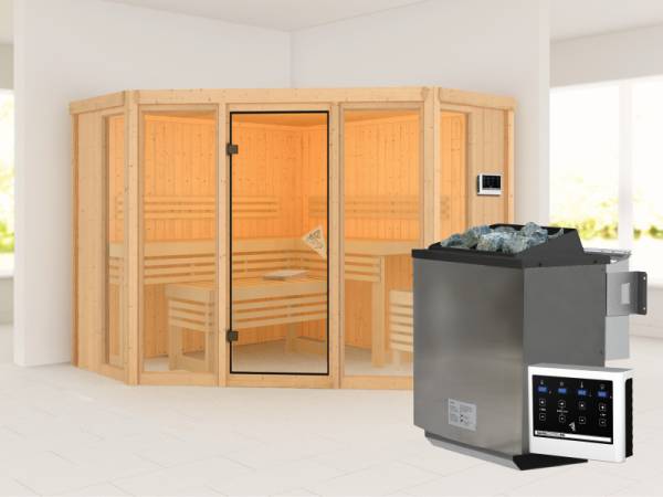 Karibu Sauna Alcinda mit 9 kW Bioofen Ext. Strg 68 mm