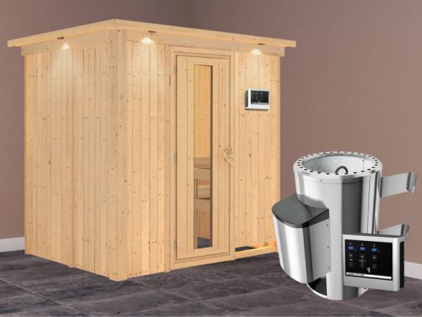 Fanja - Karibu Sauna Plug &amp; Play 3,6 kW Ofen, ext. Steuerung - mit Dachkranz - Energiespartür