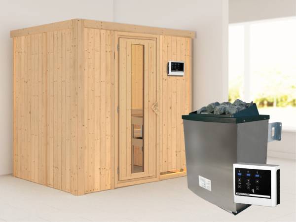 Karibu Sauna Bodin- energiesparende Saunatür- 4,5 kW Ofen ext. Strg- ohne Dachkranz