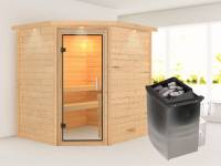 Karibu Sauna Mia inkl. 9 kW Ofen integr. Steuerung, mit Klarglassaunatür -mit Dachkranz-