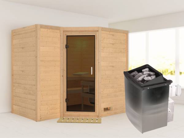 Karibu Sauna Sahib 2 inkl. 9-kW-Ofen mit interner Steuerung, ohne Dachkranz, mit moderner Saunatür