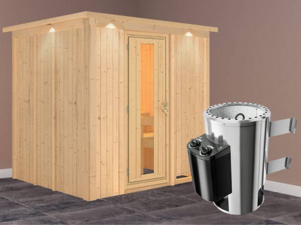 Daria - Karibu Sauna Plug &amp; Play 3,6 kW Ofen, int. Steuerung - mit Dachkranz - Energiespartür