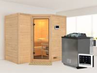 Karibu Sauna Sahib 2 inkl. 9 kW Bio Ofen mit ext. Steuerung, ohne Dachkranz, mit Klarglas Ganzglastür