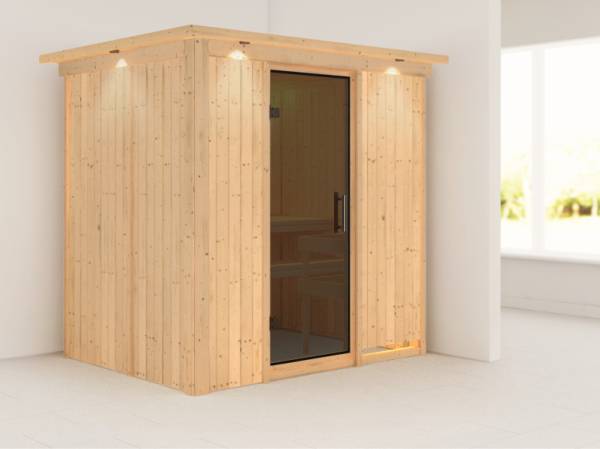 Fanja - Karibu Sauna Plug & Play ohne Ofen - mit Dachkranz - Moderne Saunatür