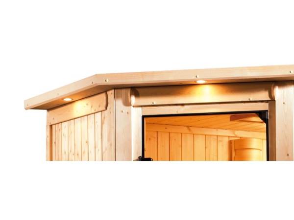 Cilja - Karibu Sauna Plug &amp; Play 3,6 kW Bio Ofen, ext. Steuerung - mit Dachkranz - Klarglas Ganzglastür