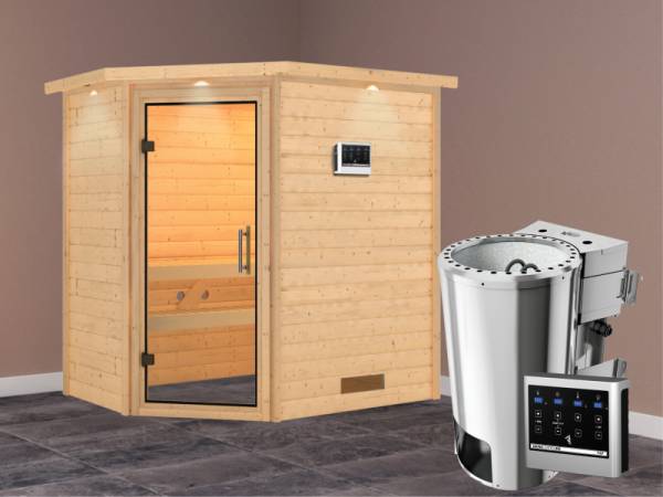 Cilja - Karibu Sauna Plug &amp; Play 3,6 kW Bio Ofen, ext. Steuerung - mit Dachkranz - Klarglas Ganzglastür