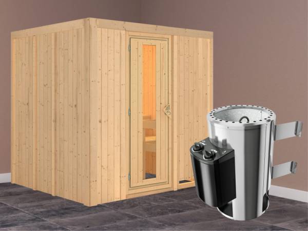 Daria - Karibu Sauna Plug &amp; Play 3,6 kW Ofen, int. Steuerung - ohne Dachkranz - Energiespartür