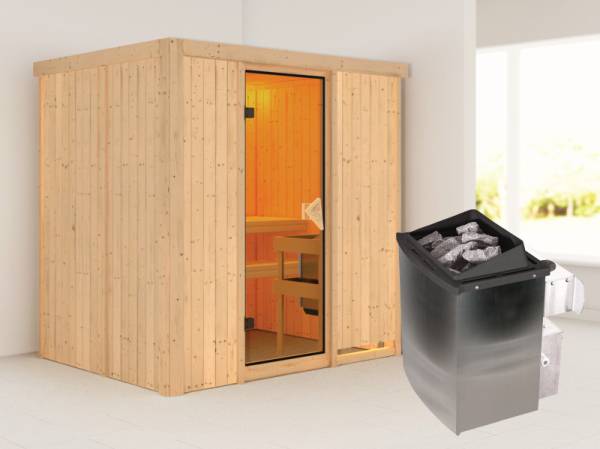 Karibu Sauna Bodin- klassische Saunatür- 4,5 kW Ofen integr. Strg- ohne Dachkranz