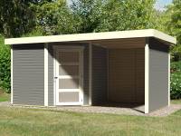 Karibu Woodfeeling Gartenhaus Schwandorf 5 terragrau mit Anbaudach 2,25 Meter, Seiten- und Rückwand