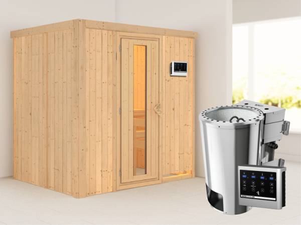 Fanja - Karibu Sauna Plug &amp; Play 3,6 kW Bio Ofen, ext. Steuerung - ohne Dachkranz - Energiespartür