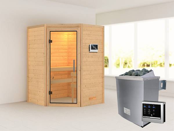 Karibu Woodfeeling Sauna Franka - Klarglas Saunatür - 4,5 kW Ofen ext. Strg. - ohne Dachkranz