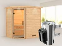 Cilja - Karibu Sauna Plug & Play 3,6 kW Ofen, int. Steuerung - mit Dachkranz - Klarglas Ganzglastür