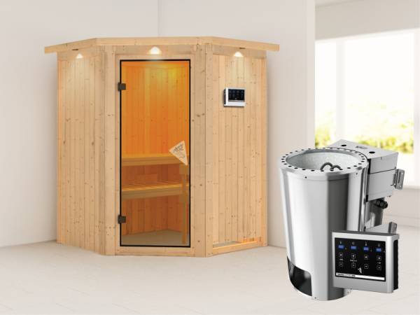 Nanja - Karibu Sauna Plug & Play SPARSET inkl. 3,6 kW Bioofen, Dachkranz, Zubehör-Paket, Düfte-Set