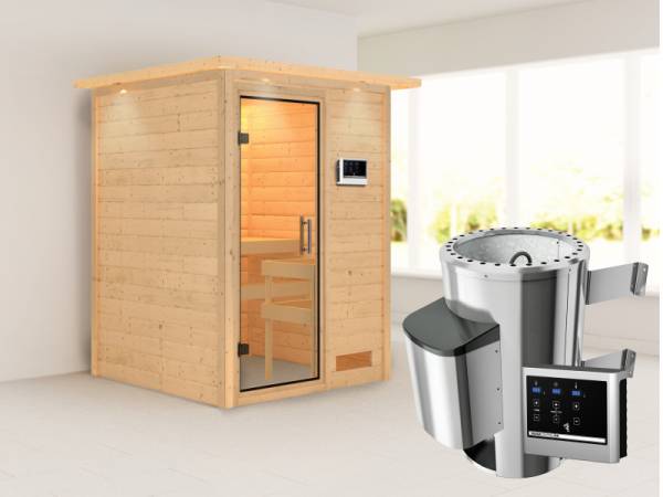 Nadja - Karibu Sauna Plug &amp; Play 3,6 kW Ofen, ext. Steuerung - mit Dachkranz - Klarglas Ganzglastür