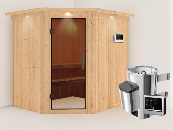 Lilja - Karibu Sauna Plug & Play 3,6 kW Ofen, ext. Steuerung - mit Dachkranz - Moderne Saunatür