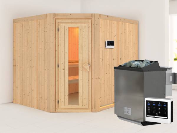 Karibu Sauna Malin inkl. 9-kW-Bioofen mit externer Steuerung, ohne Dachkranz, mit energiesparender Saunatür