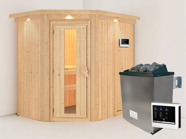 Karibu Sauna Carin- energiesparende Saunatür- 4,5 kW Ofen ext. Strg- mit Dachkranz