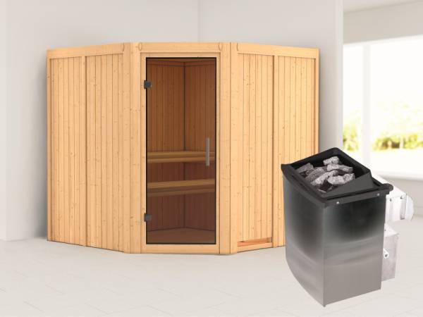 Karibu Aktionssauna Varberg 3 im Set 9 kW Ofen integr. Strg. und graphitfarbene Tür, natur -Eckeinstieg- Karibu Aktionssauna Varberg 3 im Set 9 kW Ofen integr. Strg. und graphitfarbene Tür, natur -Eckeinstieg-