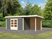 Karibu Woodfeeling Gartenhaus Kandern 7 in terragrau mit Anbaudach 2,60 Meter inkl. Rückwand