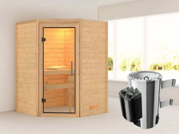 Alicja - Karibu Sauna Plug &amp; Play 3,6 kW Ofen, int. Steuerung - ohne Dachkranz - Klarglas Ganzglastür