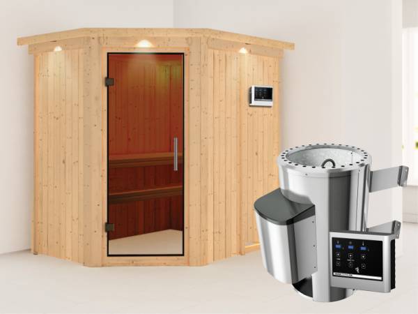 Saja - Karibu Sauna Plug & Play 3,6 kW Ofen, ext. Steuerung - mit Dachkranz - Moderne Saunatür