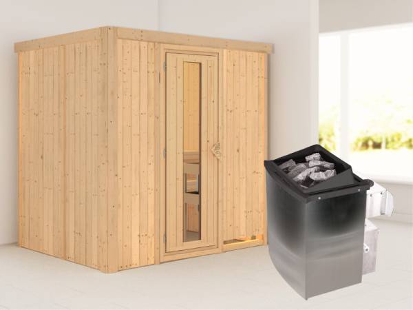 Karibu Sauna Bodin- energiesparende Saunatür- 4,5 kW Ofen integr. Strg- ohne Dachkranz