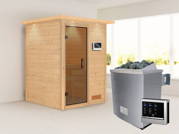 Karibu Woodfeeling Sauna Svenja- moderne Saunatür- 4,5 kW Ofen ext. Strg- mit Dachkranz