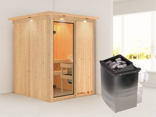 Karibu Sauna Norin- klassische Saunatür- 4,5 kW Ofen integr. Strg- mit Dachkranz