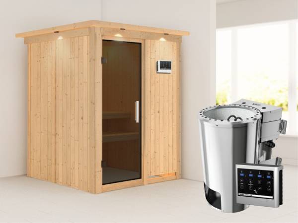 Minja - Karibu Sauna Plug & Play 3,6 kW Bio Ofen, ext. Steuerung - mit Dachkranz - Moderne Saunatür