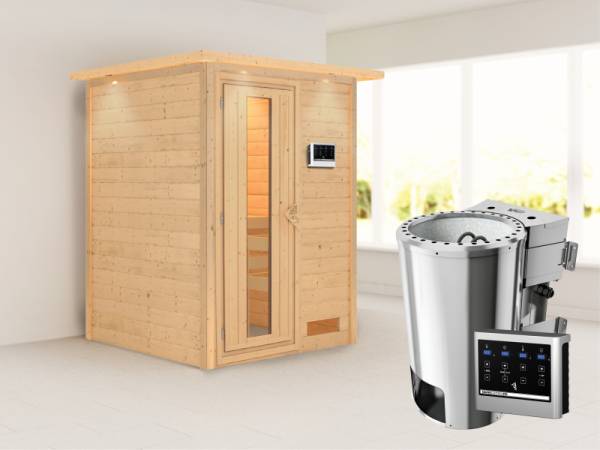 Nadja - Karibu Sauna Plug &amp; Play 3,6 kW Bio Ofen, ext. Steuerung - mit Dachkranz - Energiespartür