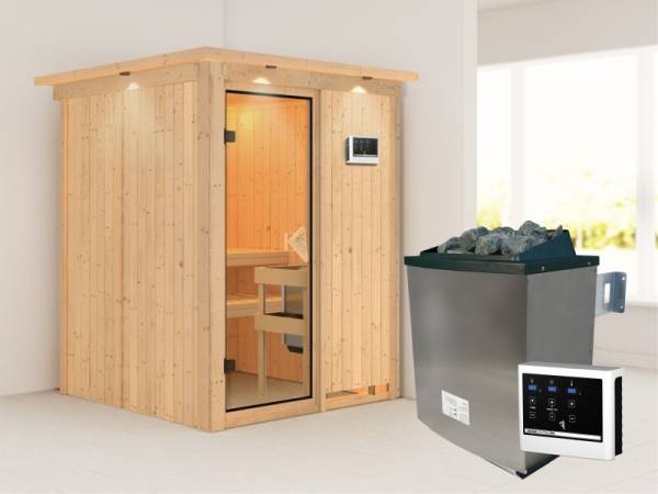 Karibu Sauna Norin- klassische Saunatür- 4,5 kW Ofen ext. Strg- mit Dachkranz