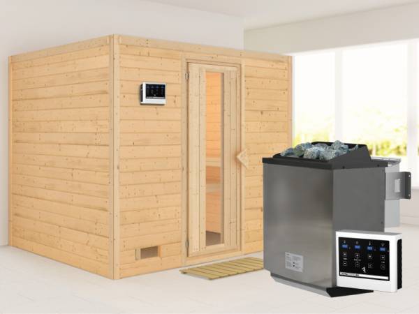Karibu Sauna Sonara inkl. 9-kW-Bioofen mit externer Steuerung, ohne Dachkranz, mit energiesparender Saunatür