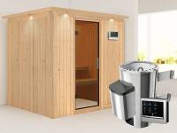Daria - Karibu Sauna Plug &amp; Play 3,6 kW Ofen, ext. Steuerung - mit Dachkranz - Moderne Saunatür