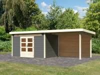 Karibu Woodfeeling Gartenhaus Kandern 7 in terragrau mit Anbaudach 3,20 Meter inkl. Rückwand