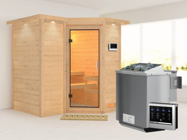 Karibu Sauna Sahib 1 inkl. 9 kW Bio Ofen mit ext. Steuerung, mit Dachkranz, mit Klarglas Ganzglastür