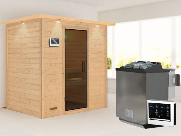 Karibu Sauna Sonja inkl. 9 kW Bioofen ext. Steuerung mit moderner Saunatür -mit Dachkranz-