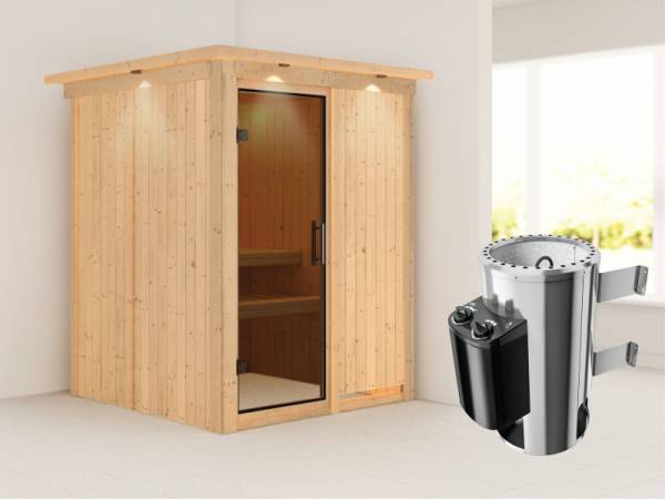 Minja - Karibu Sauna Plug & Play 3,6 kW Ofen, int. Steuerung - mit Dachkranz - moderne Saunatür