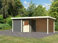 Karibu Woodfeeling Gartenhaus Neuruppin 3 terragrau mit Anbaudach 3,2 m inkl. Rückwand
