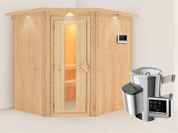 Lilja - Karibu Sauna Plug & Play 3,6 kW Ofen, ext. Steuerung - mit Dachkranz - Energiespartür